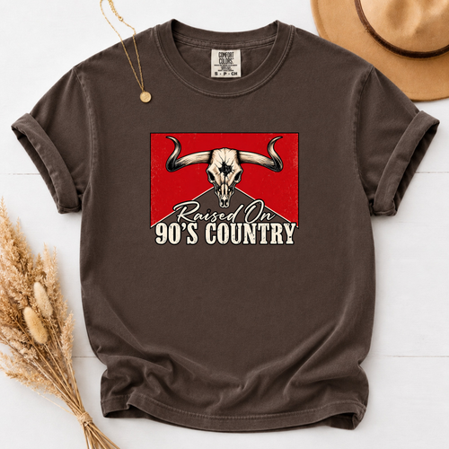 Raised on 90s Country t-shirt with longhorn skull graphic