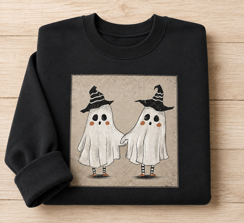 Ghost Besties crew sweater with two ghosts in witch hats
