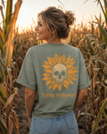 Skull Flower t-shirt back with sunflower skull Happy Halloween graphic