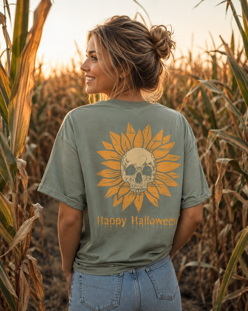 Skull Flower t-shirt back with sunflower skull Happy Halloween graphic
