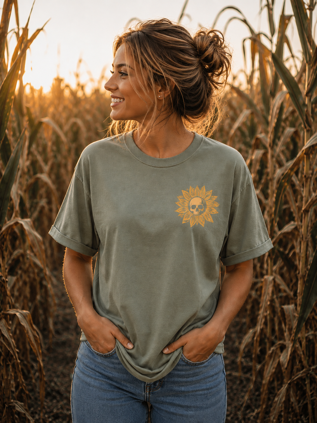 Skull Flower t-shirt front with chest sunflower skull graphic